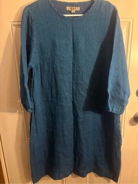 Flax Deep Teal Linen Tunic Dress Women’s SMALL Casual Prairie Boho